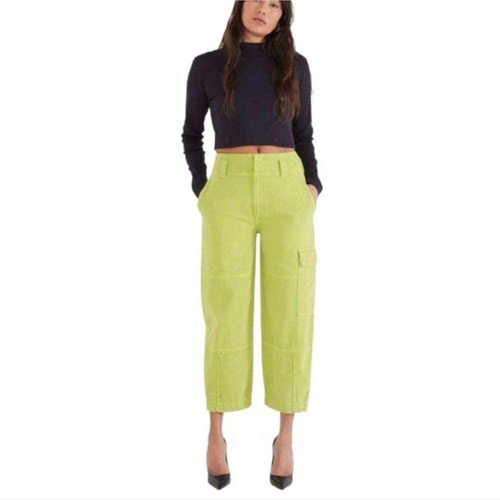 Etica Juni Relaxed Wide Cargo Dark Citron Lime Green Cropped Pants Size 26 New